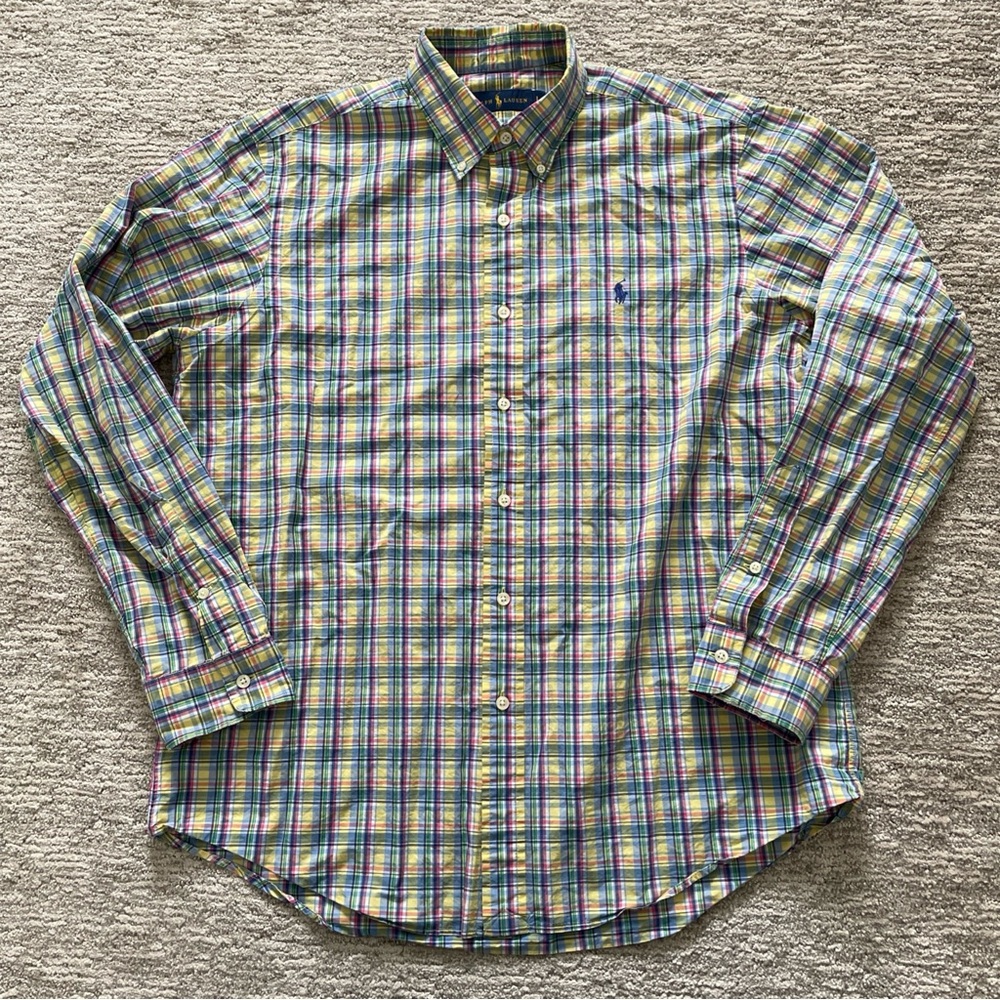 Ralph Lauren Long Sleeve Button Down Shirt Mens Large colorful Plaid Blue Pony